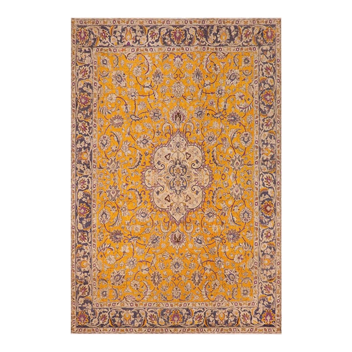 Shabby Chic Vintage 1990's Orange/Blue Wool Rug - 9'11'' X 12'6'': Enhance your living space with this stunning vintage Persian hand-knotted wool rug, a true showstopper that effortlessly elevates any decor. Rich in vibrant colors and adorned with traditional