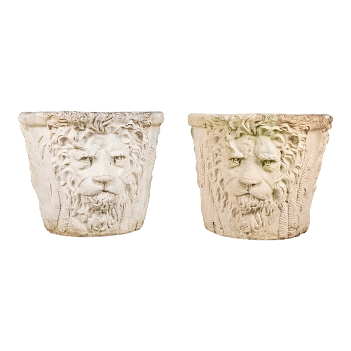 P1990s Pair of Monumental Cast Stone Lion Head Garden Planters | Classical Estate Urns | Architectur: Bring timeless European garden elegance to your home or landscape with this exceptional pair of rare monumental cast stone lion head planters from Bart Industries. Each planter features bold sculpted 