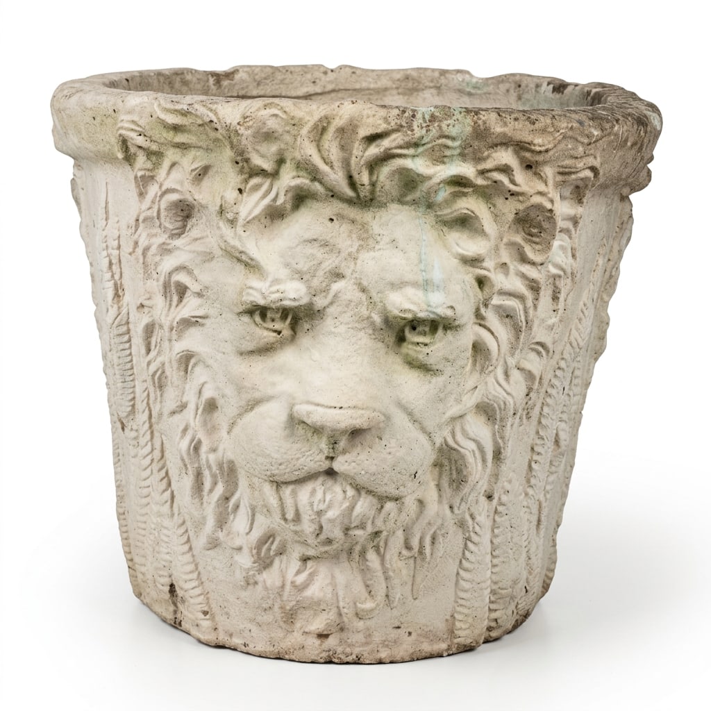 P1990s Pair of Monumental Cast Stone Lion Head Garden Planters | Classical Estate Urns | Architectur - 2