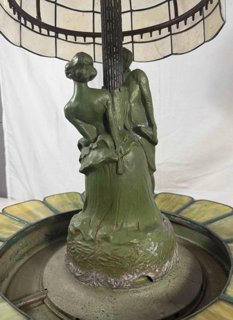 1920s Art Deco Figural Re-Circulating Fountain Lamp - Working Verdigris Spelter Sculpture & Iridesce - 10