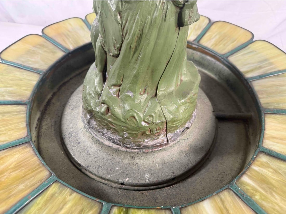 1920s Art Deco Figural Re-Circulating Fountain Lamp - Working Verdigris Spelter Sculpture & Iridesce - 11