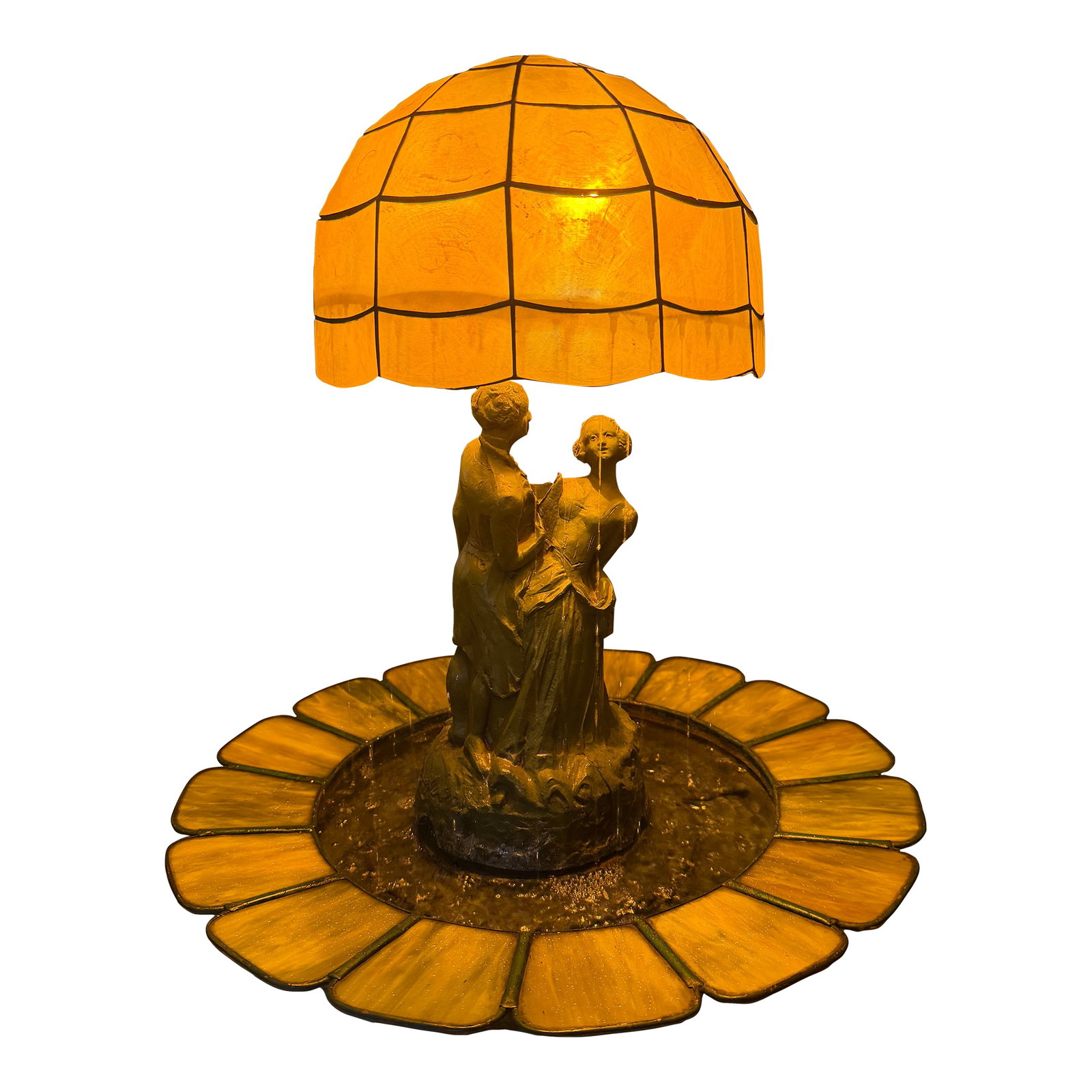 1920s Art Deco Figural Re-Circulating Fountain Lamp - Working Verdigris Spelter Sculpture & Iridesce: Offered here is an absolute crown jewel of early 20th-century decorative art: a museum-quality, fully operational Art Deco Re-Circulating Fountain Lamp. Standing an imposing 24 inches tall, this rare 
