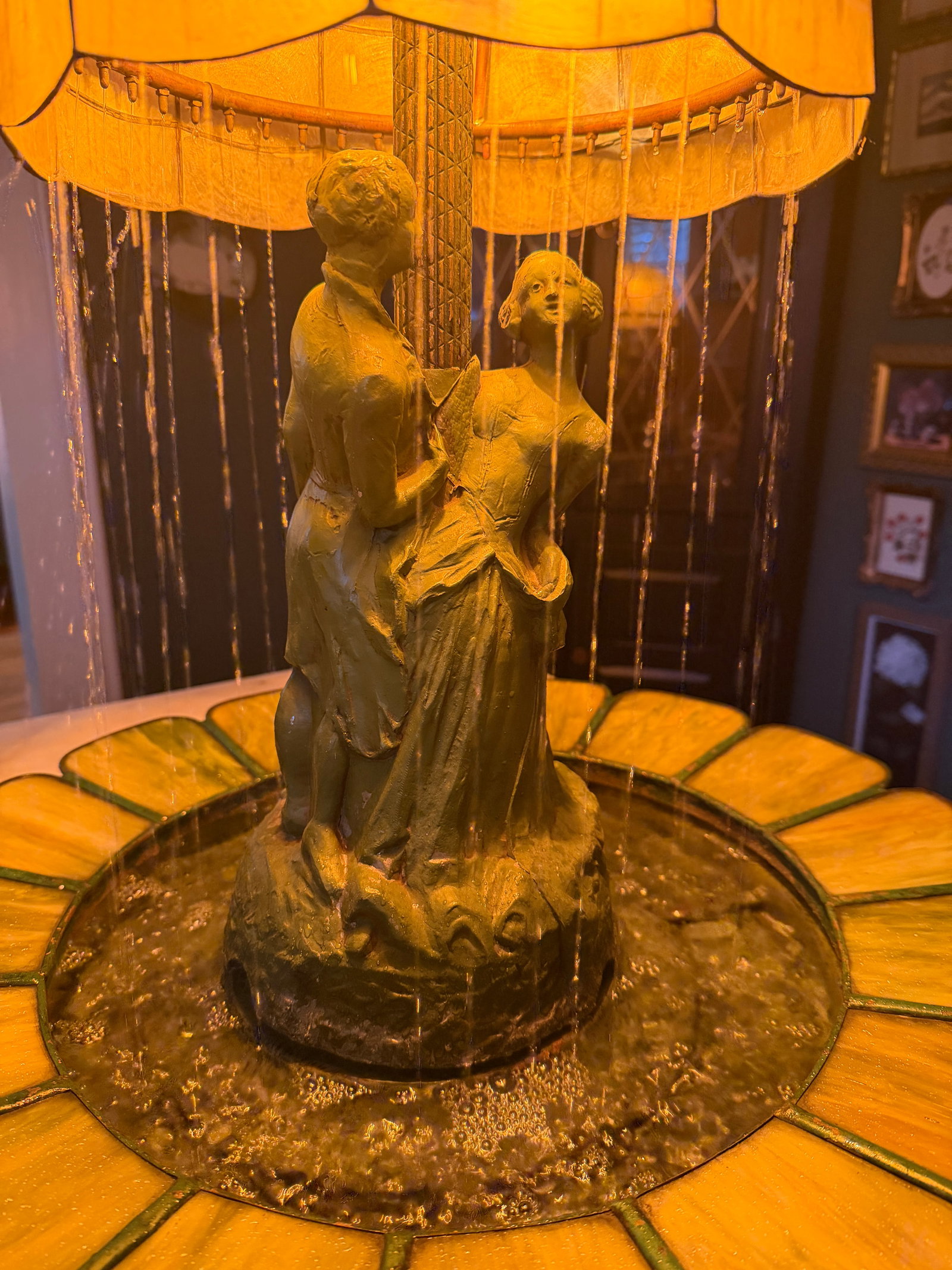 1920s Art Deco Figural Re-Circulating Fountain Lamp - Working Verdigris Spelter Sculpture & Iridesce - 2
