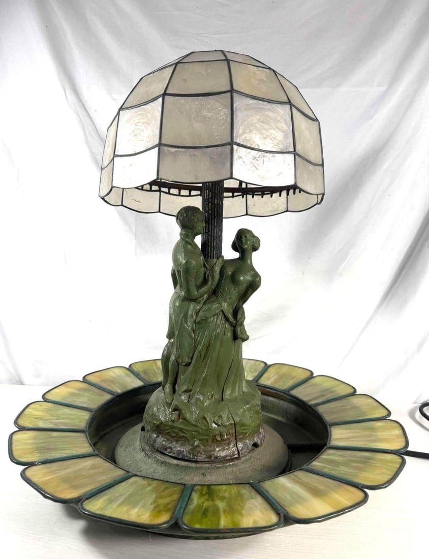 1920s Art Deco Figural Re-Circulating Fountain Lamp - Working Verdigris Spelter Sculpture & Iridesce - 4