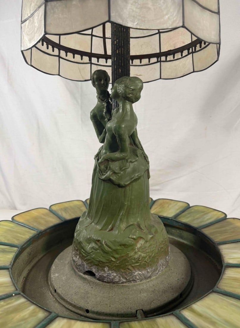 1920s Art Deco Figural Re-Circulating Fountain Lamp - Working Verdigris Spelter Sculpture & Iridesce - 5