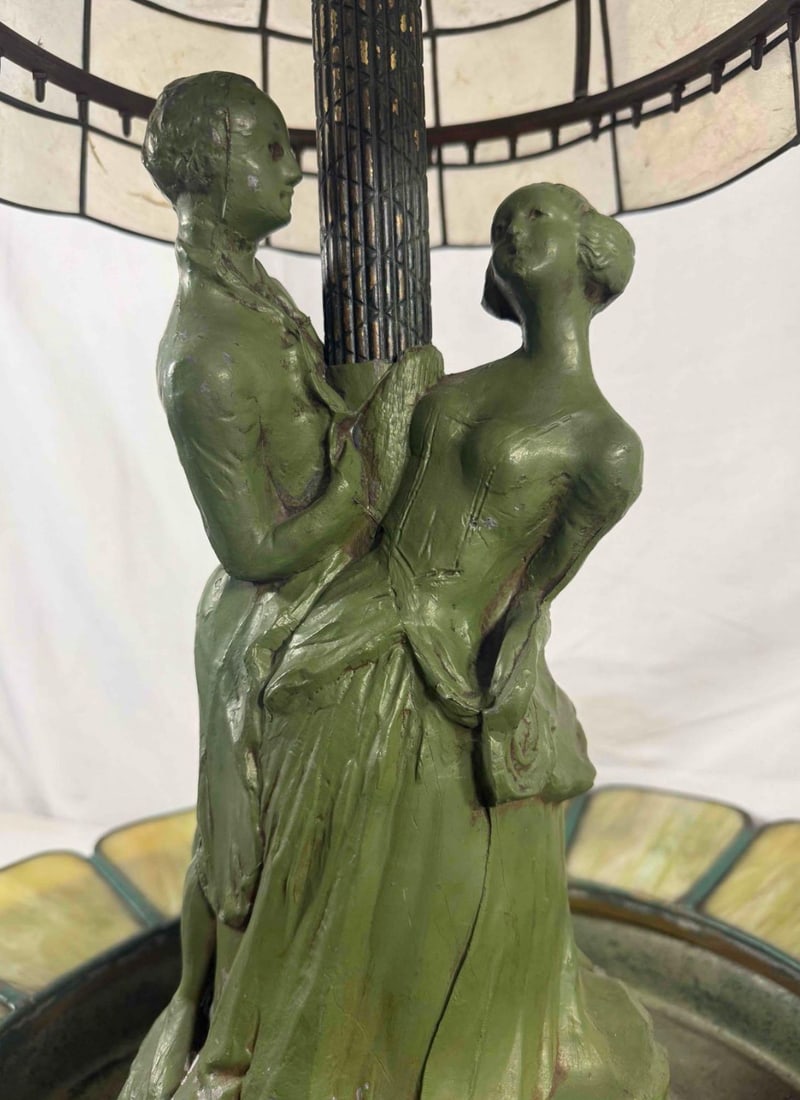 1920s Art Deco Figural Re-Circulating Fountain Lamp - Working Verdigris Spelter Sculpture & Iridesce - 8