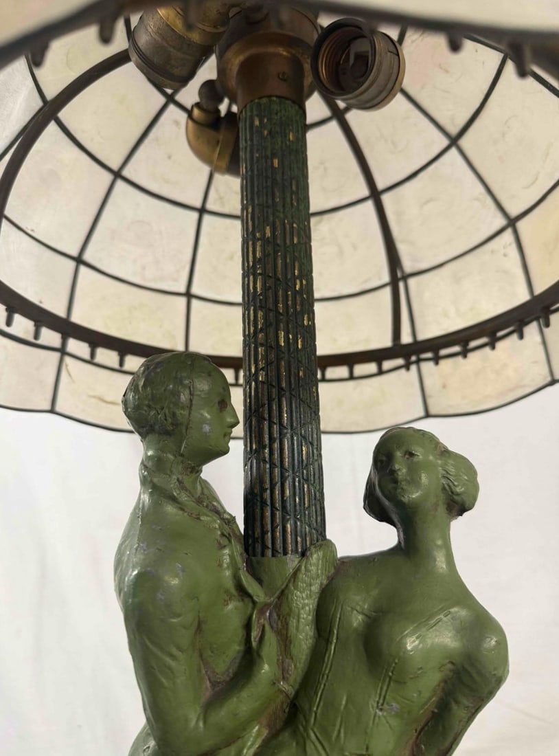 1920s Art Deco Figural Re-Circulating Fountain Lamp - Working Verdigris Spelter Sculpture & Iridesce - 9