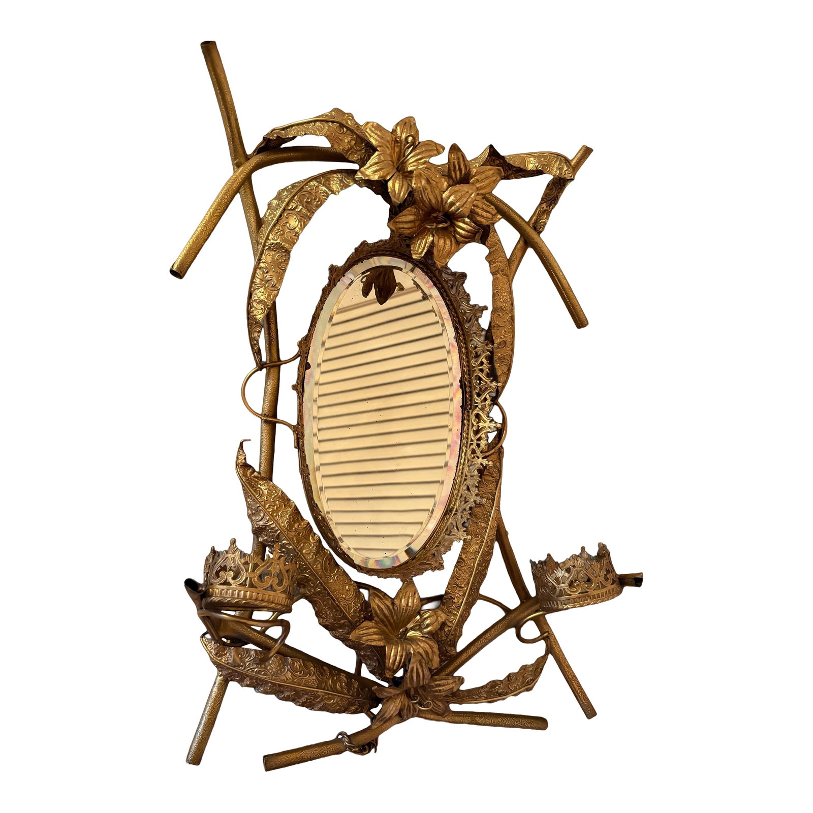 Vintage Art Deco Gilted Metal "Sleeping Beauty" Floral Mirror in the Style of Claude Lalanne: Exquisite Gilted metal mirror fit for a princess. Featuring crowns and intricate floral details, this is an exquisite one of a kind piece. Item is unmarked. Condition: Alterations: Original Condition