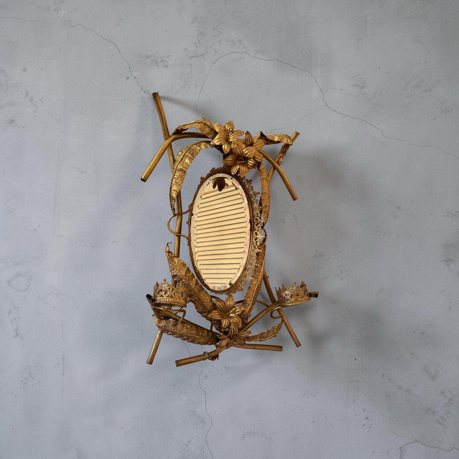 Vintage Art Deco Gilted Metal "Sleeping Beauty" Floral Mirror in the Style of Claude Lalanne - 3