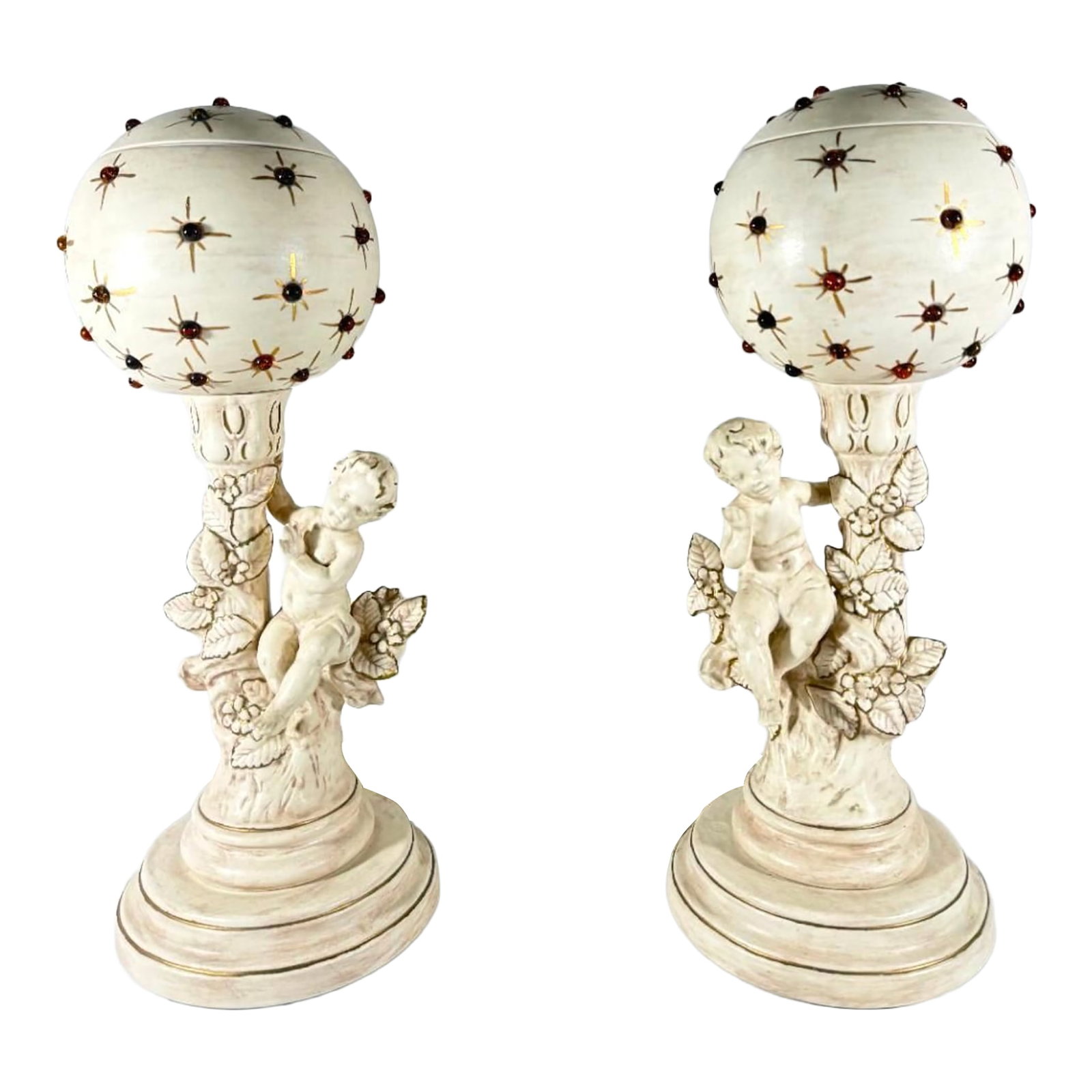 Vintage Mid-Century Modern Hollywood Regency Ceramic Cherub Sunburst Globe Lamps - A Pair: Item Description Up for your consideration is a truly sensational, highly decorative pair of vintage Mid-Century Modern Hollywood Regency ceramic cherub table lamps. Sourced from a premier
