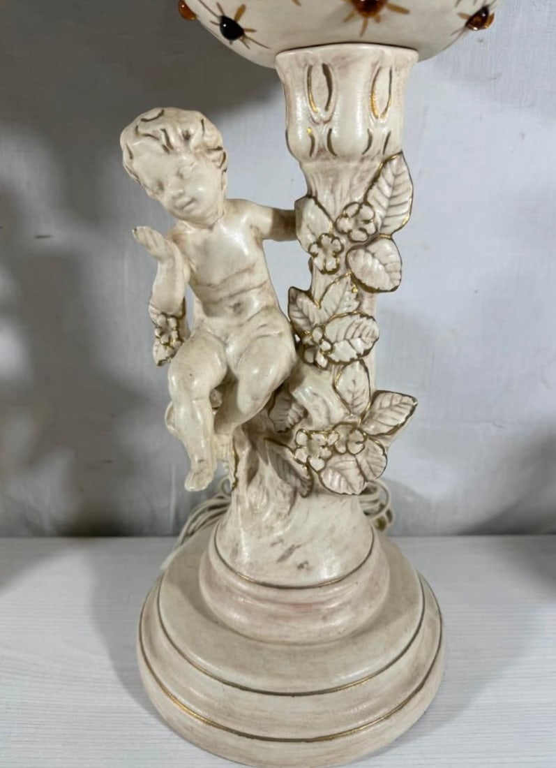 Vintage Mid-Century Modern Hollywood Regency Ceramic Cherub Sunburst Globe Lamps - A Pair - 4