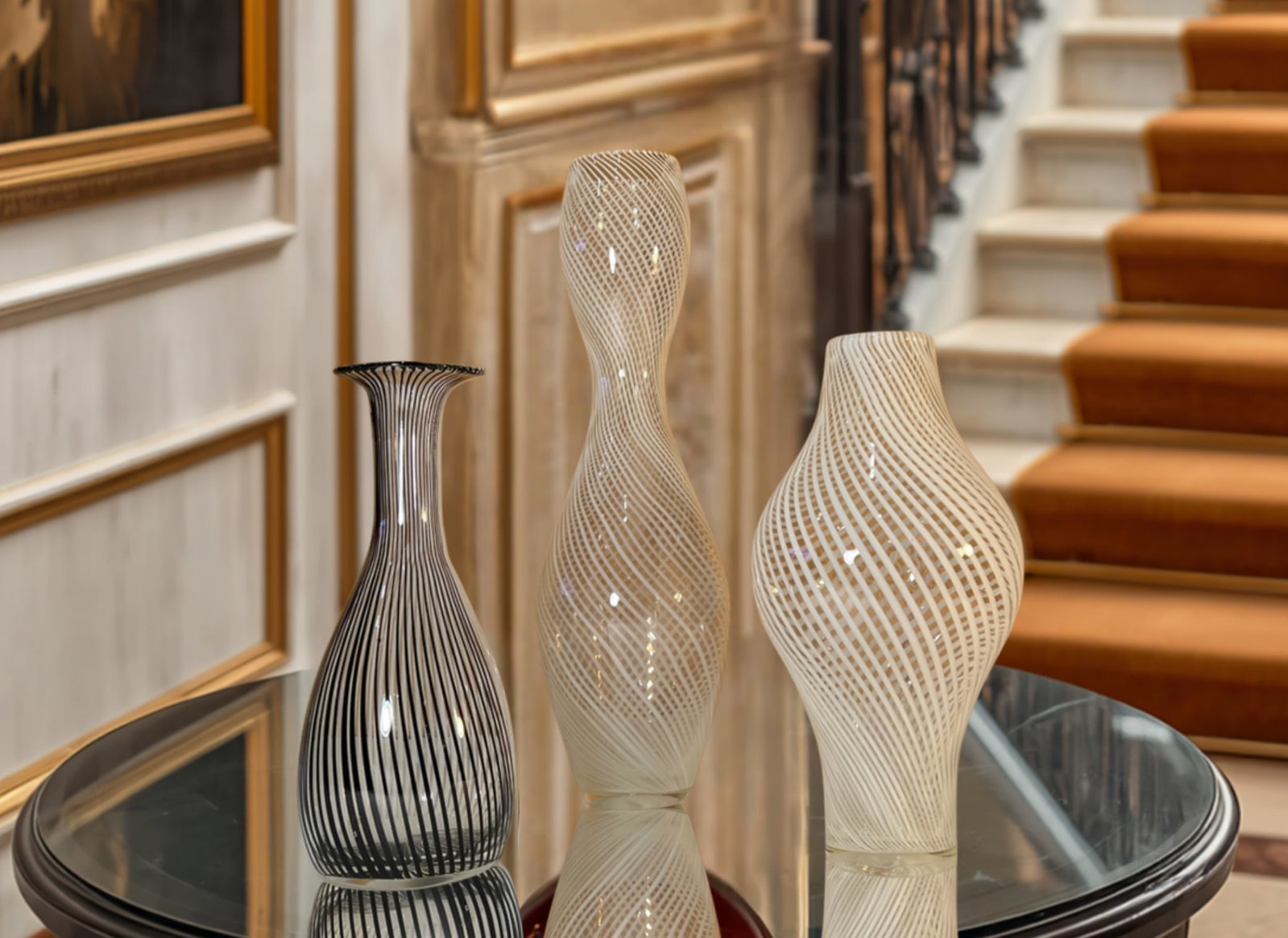 Murano Mezza Filigrana Art Glass White and White and Black Pin Stripe Swirl Vases- Set of 3 - 4