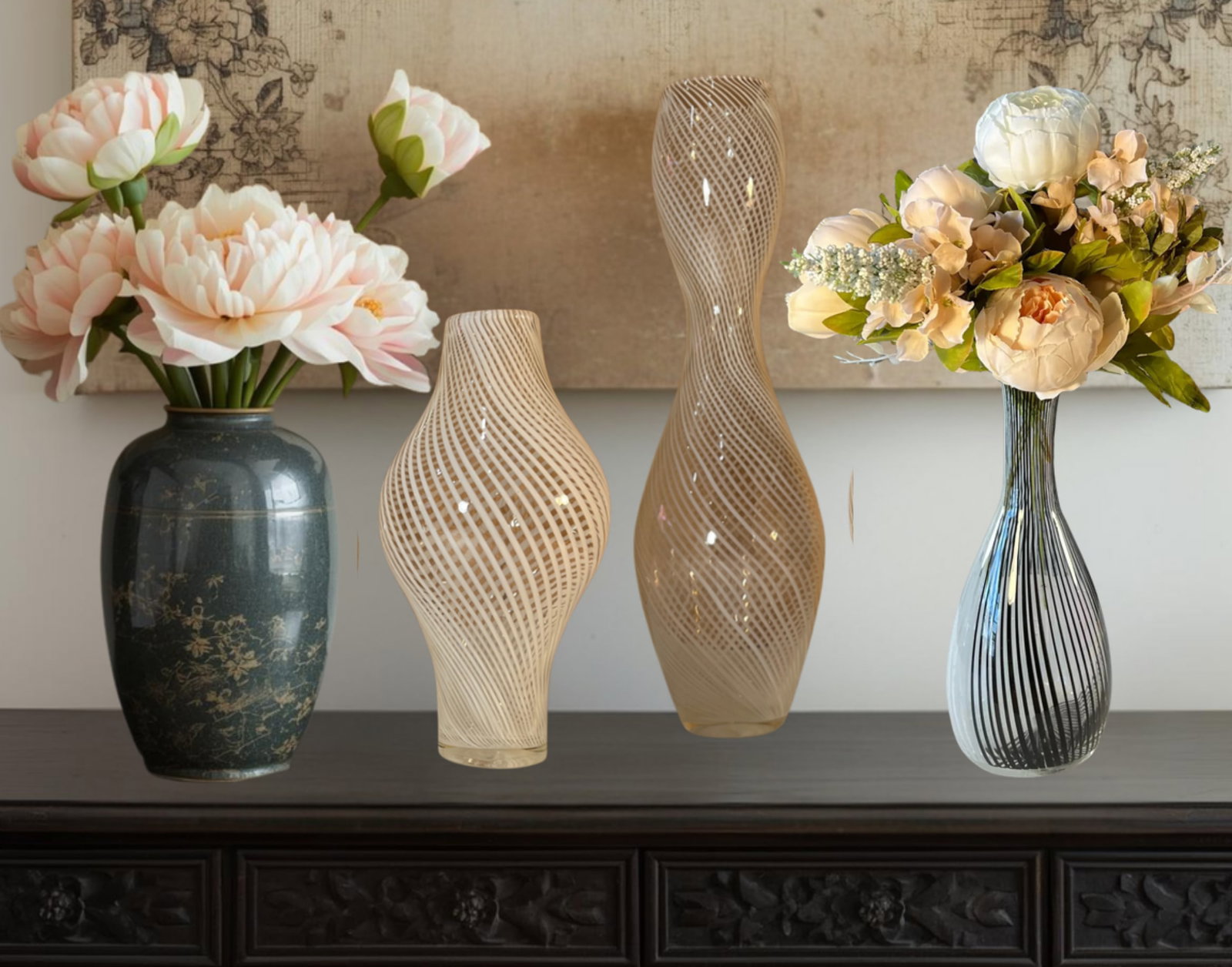 Murano Mezza Filigrana Art Glass White and White and Black Pin Stripe Swirl Vases- Set of 3 - 9
