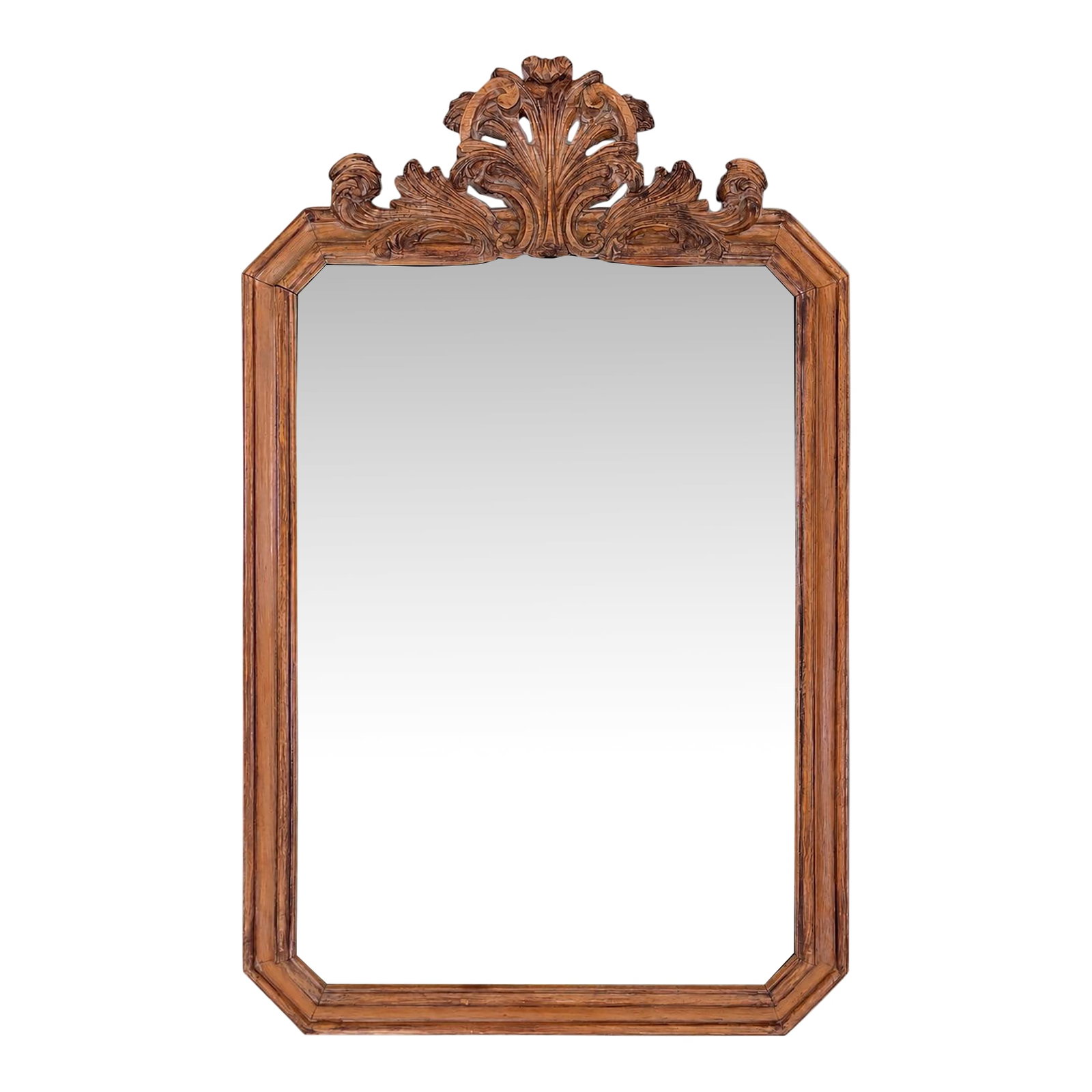 Antique Italian Hand-Carved Rococo Baroque Wall Mirror | Ornate Wood Louis XV Style: Bring timeless European elegance into your home with this exquisite Made in Italy hand-carved wood wall mirror, featuring an impressive Rococo-inspired crest with beautifully detailed acanthus leaves