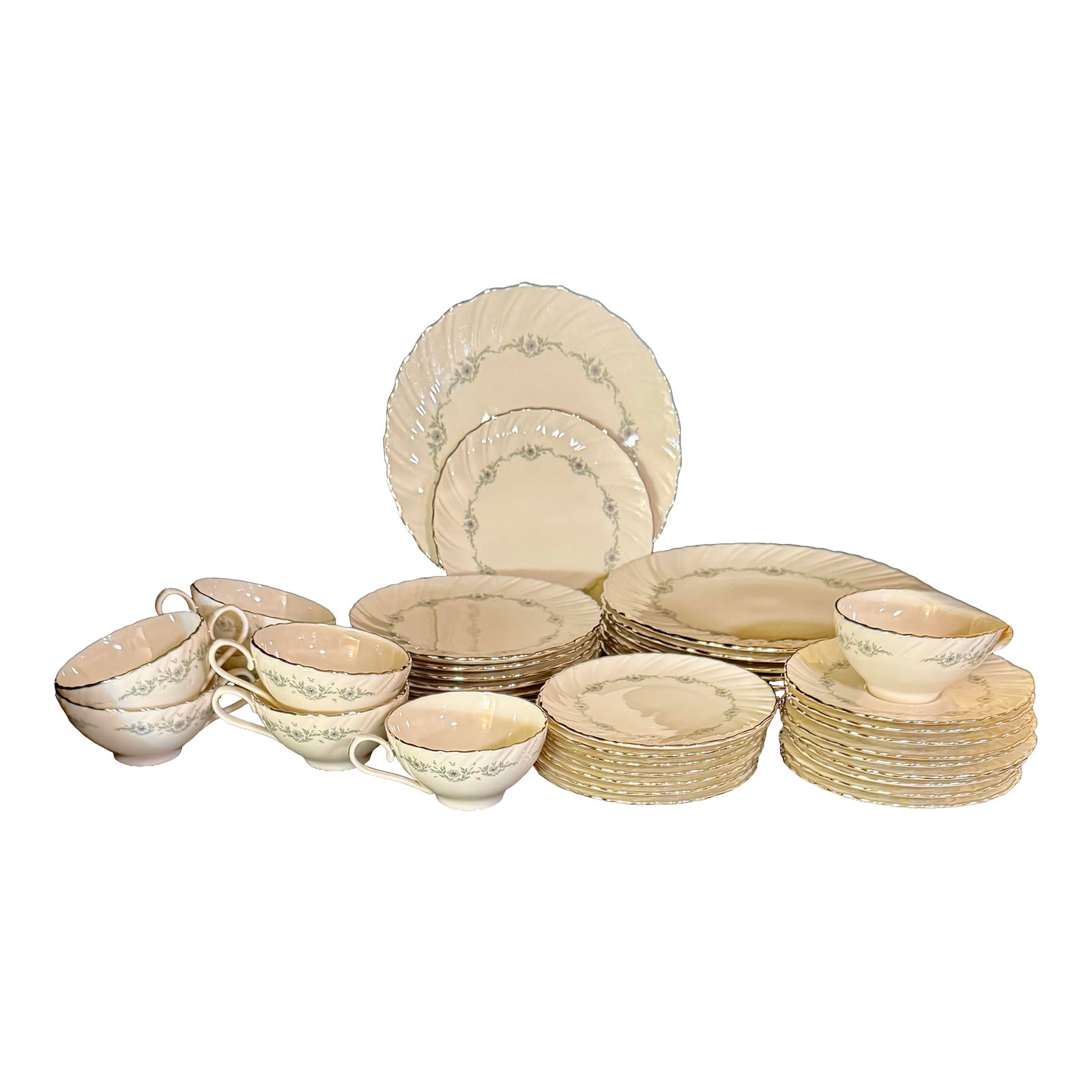1980s Lenox Musette Service for Eight Dinnerware - 40 pcs: This is a vintage Lenox 40-piece set of dinnerware in the "Musette" pattern, produced between 1961 and 1982. It features fine porcelain with delicate grey/blue floral swirls and a signature scalloped 