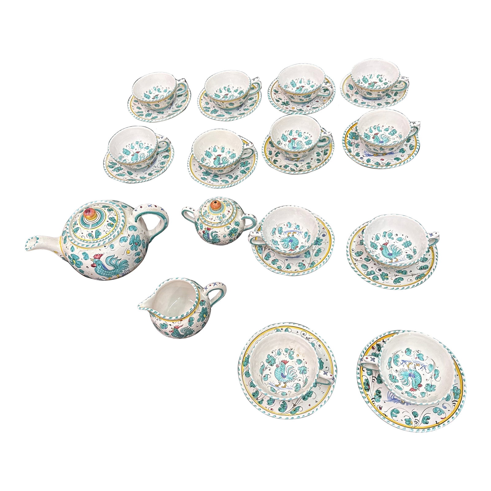 1960s Deruta Italy Rooster Tea Set Majolica Boho Pottery - 27 Pieces: Fantastic original Tea Set by Deruta Italy 27 pieces total. This great set includes one large tea pot, 12 matching cups snd saucers, one sugar jar w lid and one cream pourer. All are in excellent
