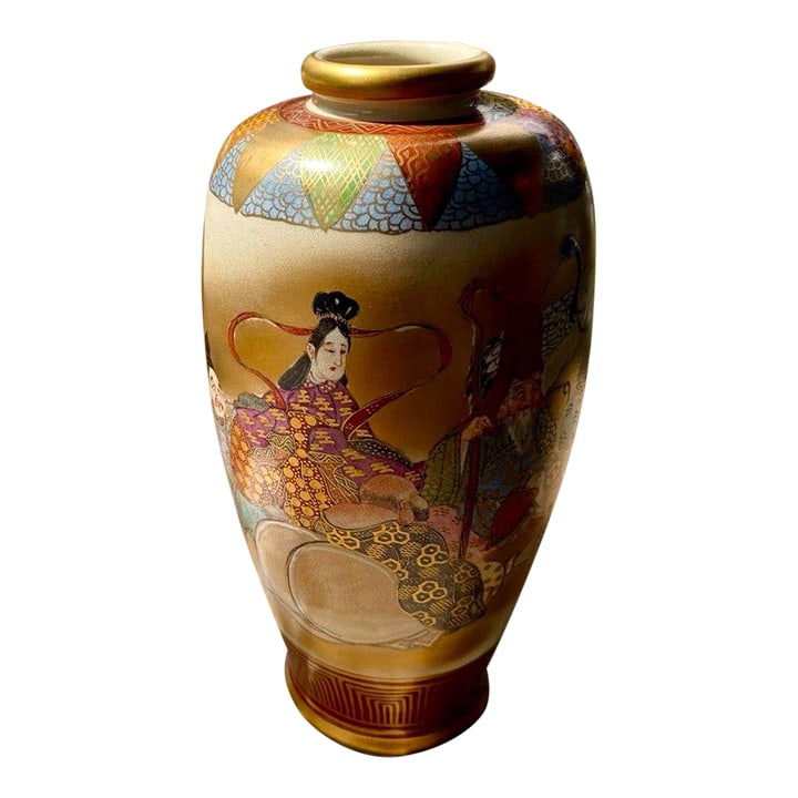 Pair of Antique Japanese Satsuma Kozan Vases Depicting the Seven Lucky Gods (Shichifukujin): A beautiful matched pair of antique Japanese Satsuma vases depicting the Seven Lucky Gods (Shichifukujin), beloved figures of Japanese folklore associated with prosperity, happiness, longevity, wisdom