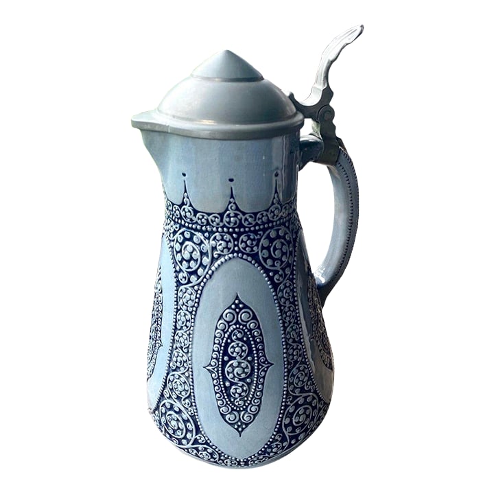 Wick-Werke German Jugendstil Salt-Glazed Stoneware 21/2-Liter Lidded Pitcher, C. 1920s: A striking early 20th-century German Jugendstil stoneware pitcher by Wick-Werke, produced in the Westerwald ceramic tradition and impressed on the underside "Wick-Werke 1689." Standing approximately 1