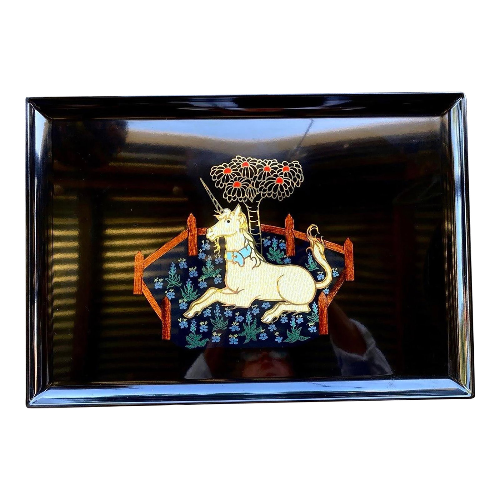 Rare Vintage Couroc Unicorn Serving Tray | Mid-Century California Cocktail Barware | Brass Inlay Art: Some decorative objects simply make people smile. This enchanting vintage Couroc of Monterey tray captures the timeless charm of a mythical unicorn resting peacefully within a flowering meadow,