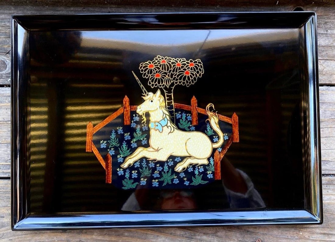 Rare Vintage Couroc Unicorn Serving Tray | Mid-Century California Cocktail Barware | Brass Inlay Art - 2