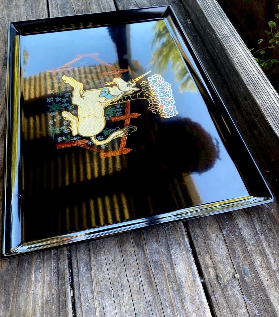 Rare Vintage Couroc Unicorn Serving Tray | Mid-Century California Cocktail Barware | Brass Inlay Art - 3