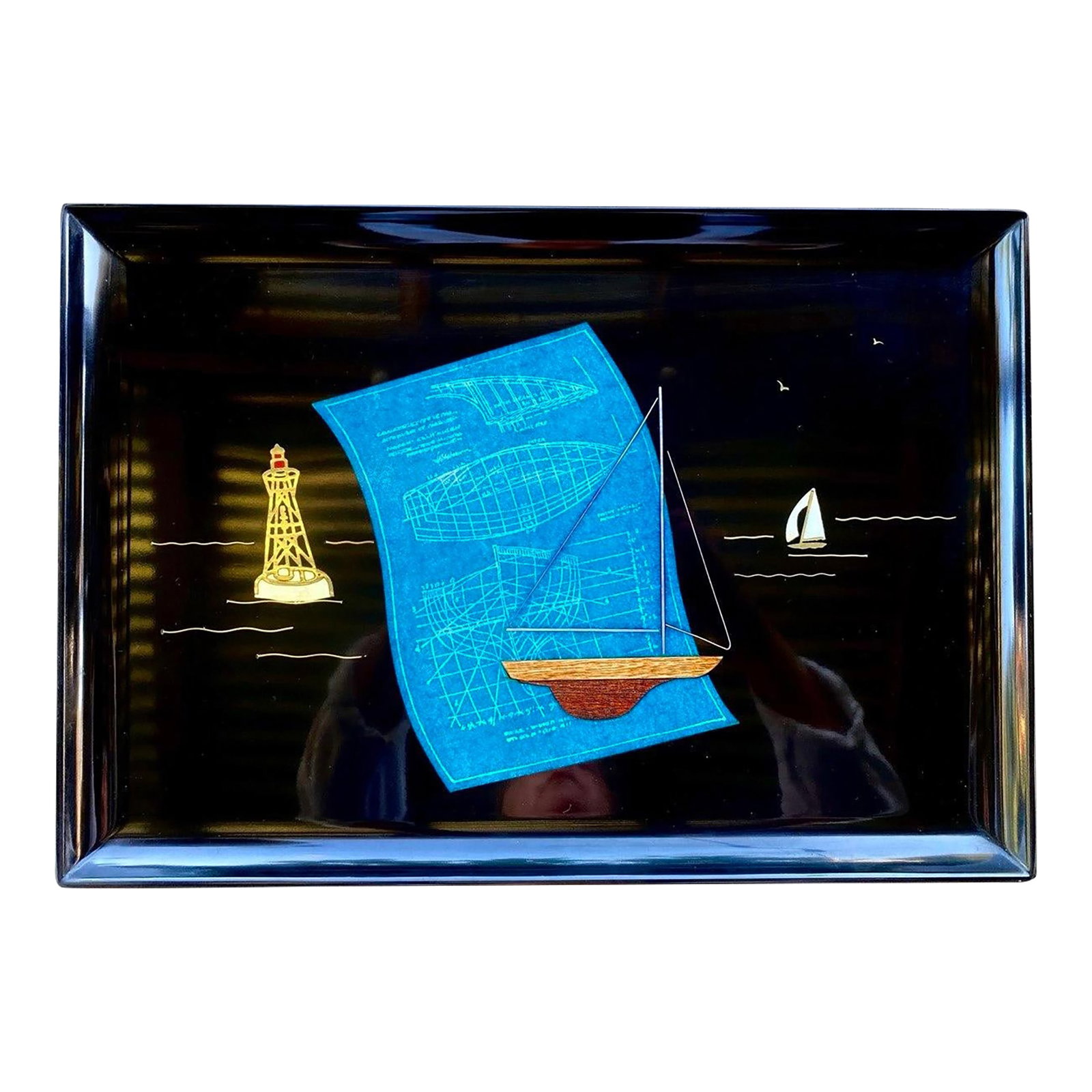 Rare Vintage Couroc of Monterey "Blueprints Under Sail Ii" Mid-Century Modern Nautical Cocktail Tray: Blueprints Under Sail II continues one of Couroc of Monterey's most imaginative nautical compositions, where artistry and engineering meet on a tranquil sea. At the heart of the design, a finely