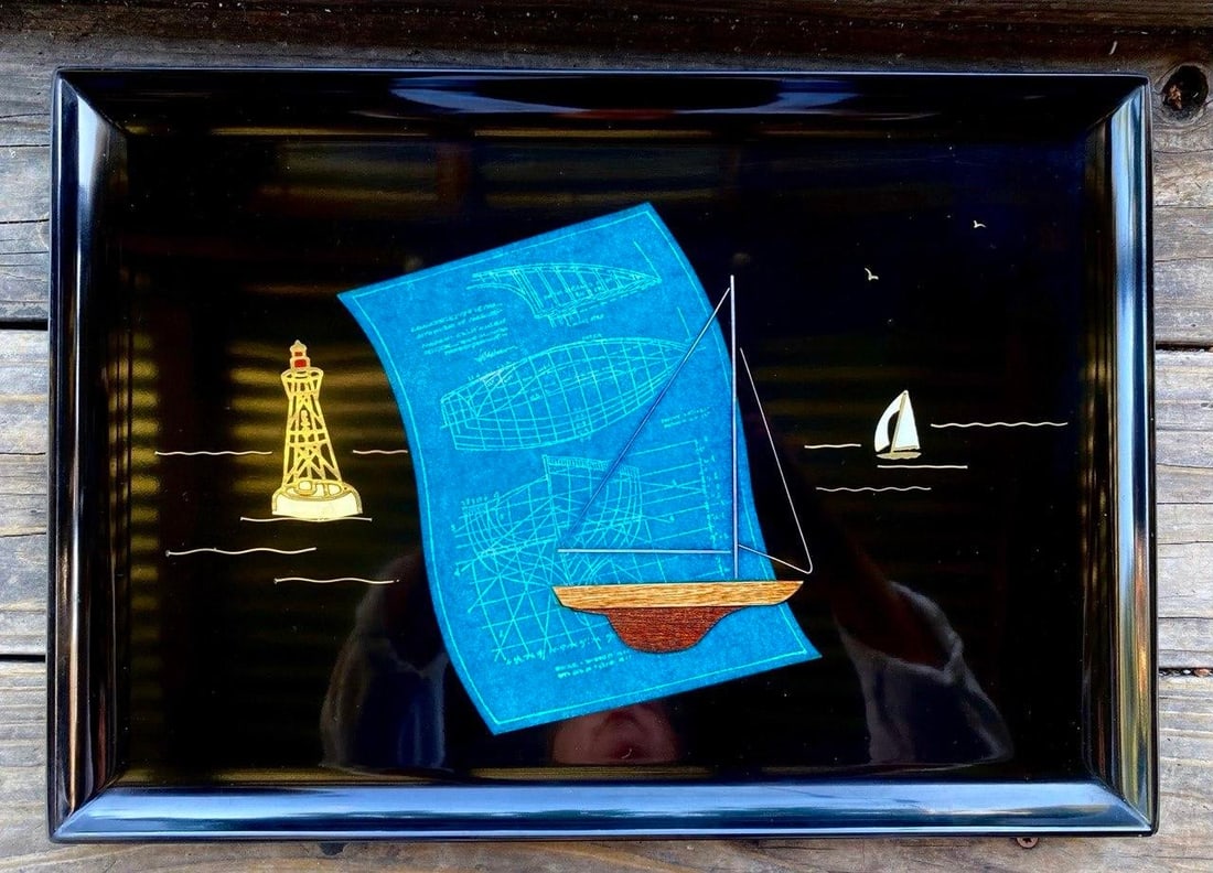 Rare Vintage Couroc of Monterey "Blueprints Under Sail Ii" Mid-Century Modern Nautical Cocktail Tray - 2