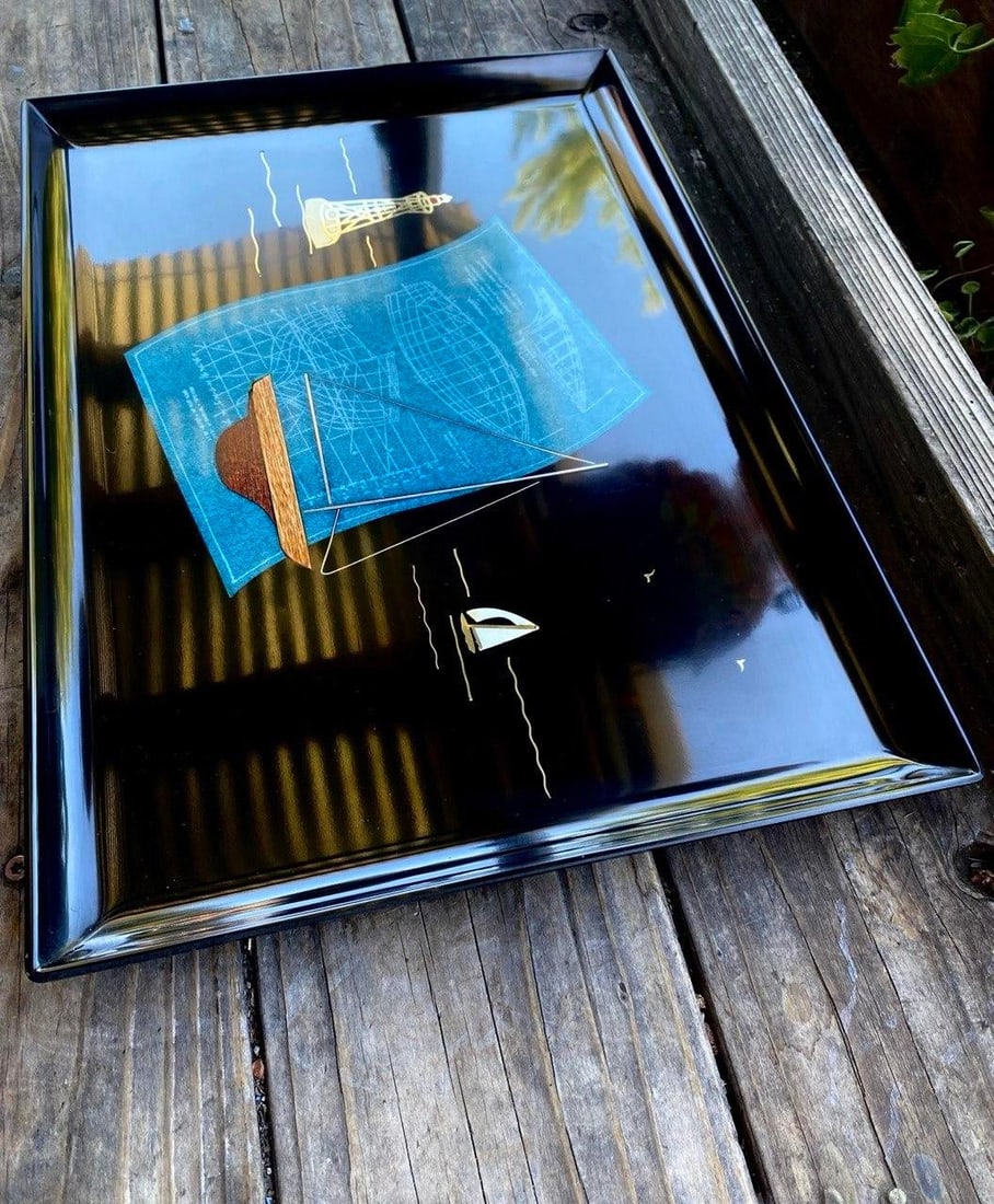 Rare Vintage Couroc of Monterey "Blueprints Under Sail Ii" Mid-Century Modern Nautical Cocktail Tray - 3