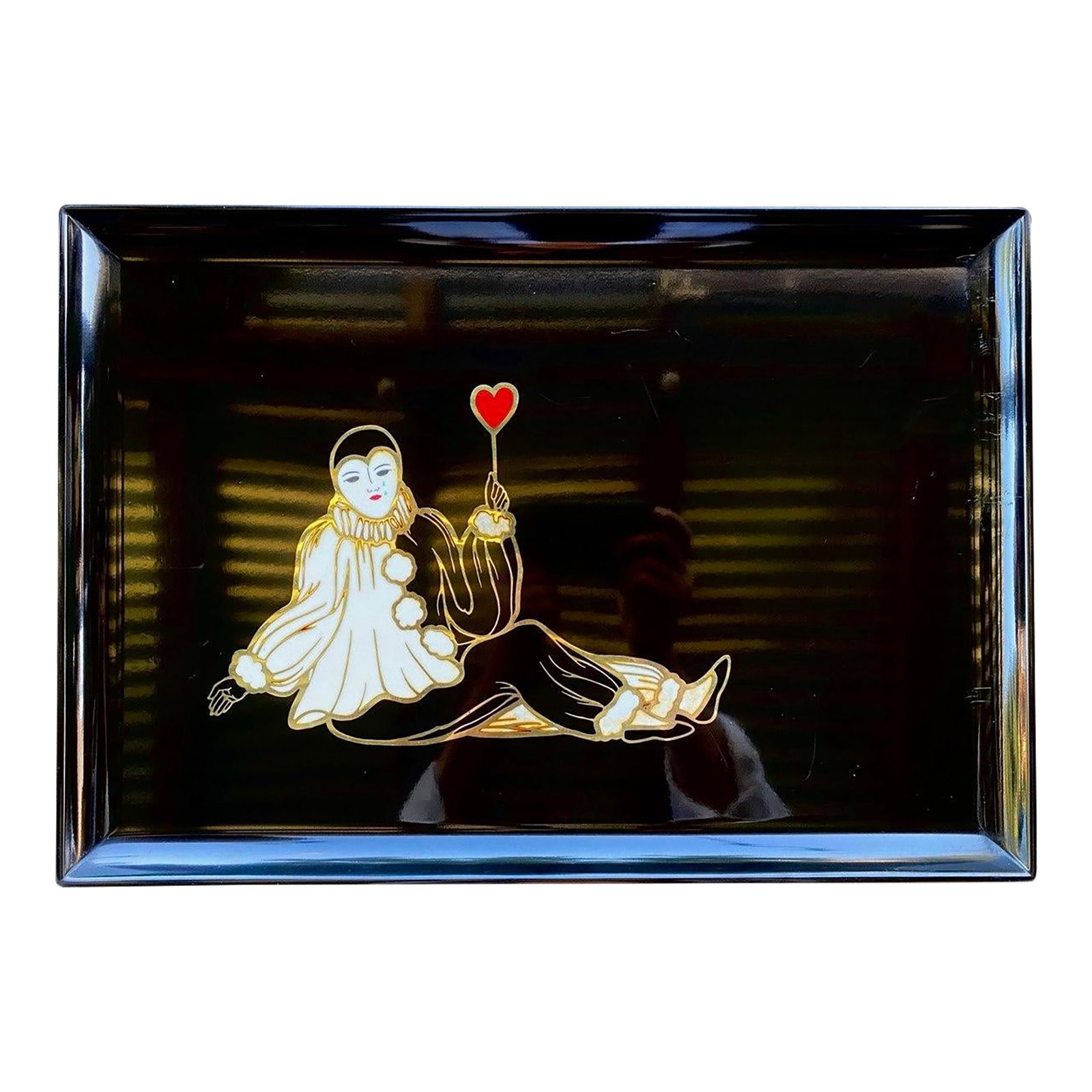 Vintage Couroc Pierrot "Heart" Tray - Brass Inlay Black Lacquer Serving Tray by Couroc of Monterey: There is something quietly touching about this Couroc tray. Rather than portraying the playful circus clown so often associated with popular culture, this design depicts Pierrot-the timeless