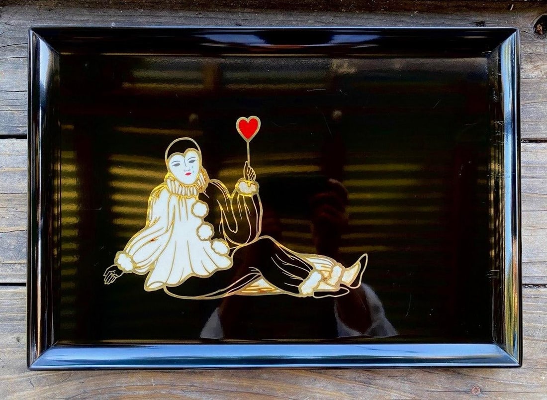 Vintage Couroc Pierrot "Heart" Tray - Brass Inlay Black Lacquer Serving Tray by Couroc of Monterey - 2