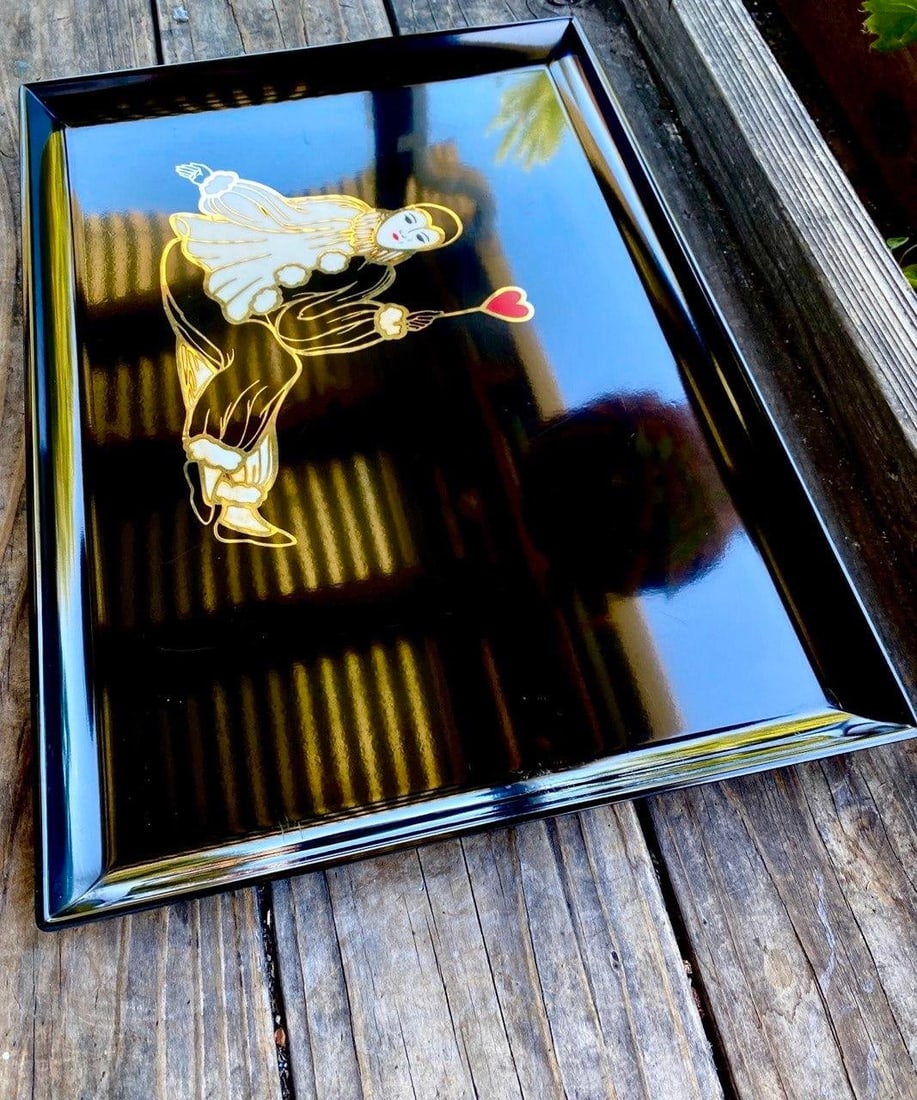 Vintage Couroc Pierrot "Heart" Tray - Brass Inlay Black Lacquer Serving Tray by Couroc of Monterey - 3