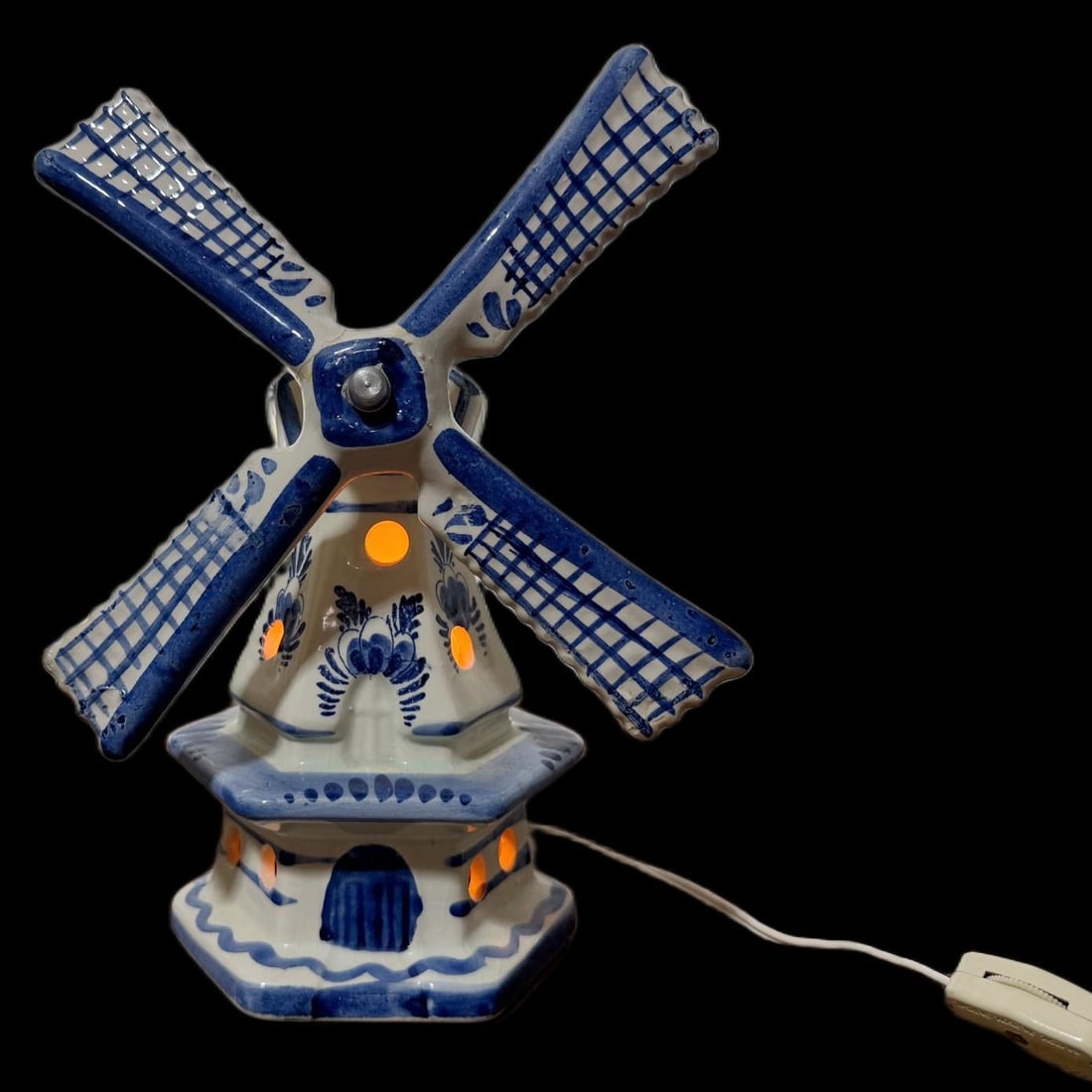 Vintage Authentic Dutch Delft Blue Hand-Painted Porcelain Windmill Table Lamps - Made in Holland - a - 5