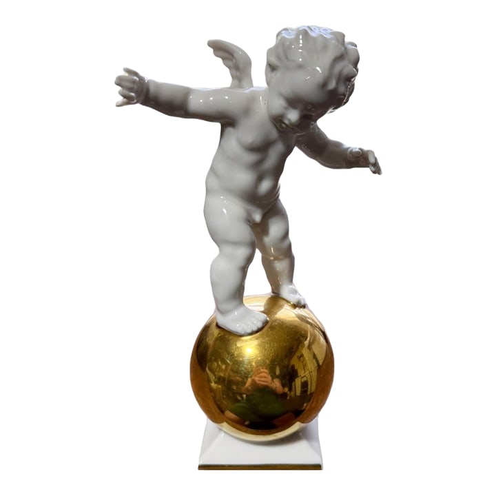 Vintage 40s Hutschenreuther Karl Tutter Putto Cherub on Gold Sphere Figurine: Beautiful Vintage Hutschenreuther Porcelain "Putto on a Golden Sphere" Figurine Designed by Master Sculptor Karl Tutter (1883-1969) Produced by the LHS Selb Art Department (Kunstabteilung) in Germany
