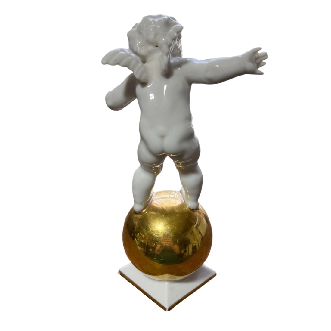 Vintage 40s Hutschenreuther Karl Tutter Putto Cherub on Gold Sphere Figurine - 3