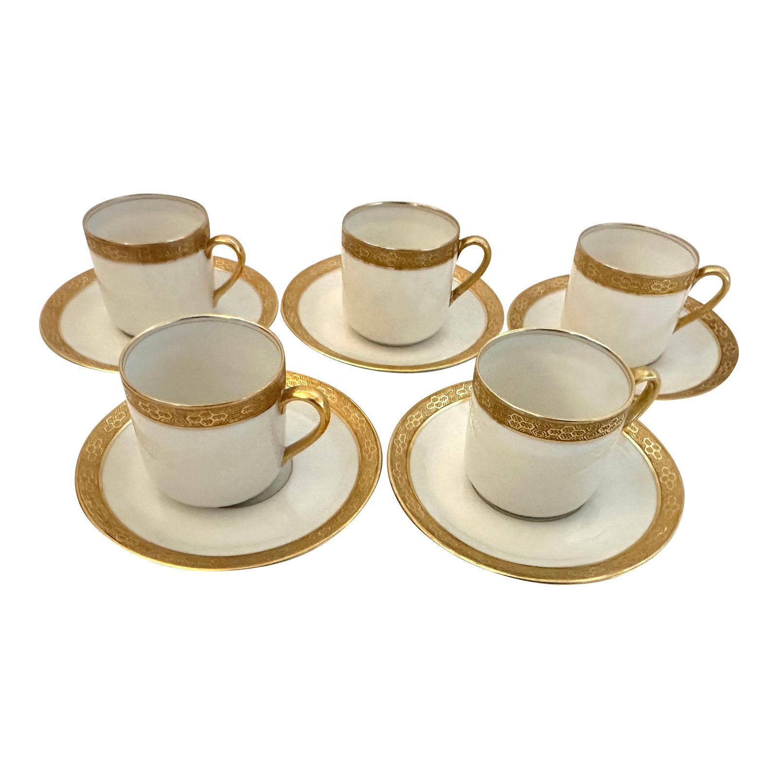 Vintage C.Ahrenfeldt Limoges 24kt Gold Rim Set of 5 Demitasse Cup/Saucer Set - 10 pcs: Vintage C. Ahrenfeldt Limoges Espresso cup and saucer set of 5. Perfect to mix and match with other gold rimmed sets. I also have 6 saucers that match. Great for the Holidays or just to add to your
