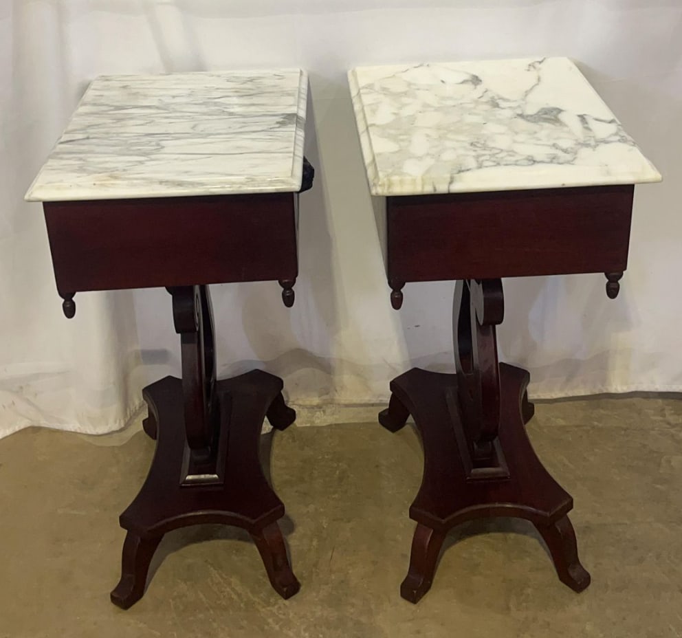Antique American Empire Style Mahogany Lyre Parlor Tables With Distinct Italian Marble Tops - A Pair - 4