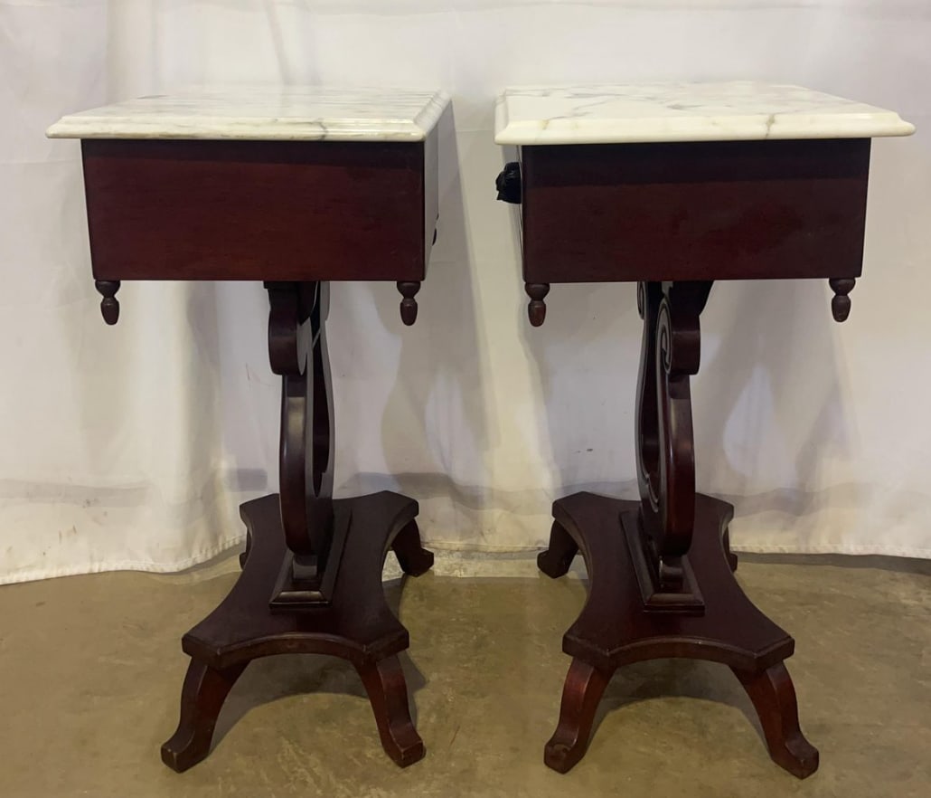 Antique American Empire Style Mahogany Lyre Parlor Tables With Distinct Italian Marble Tops - A Pair - 5