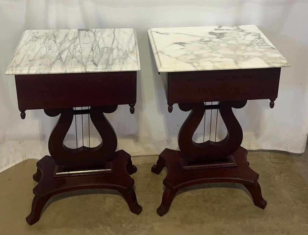 Antique American Empire Style Mahogany Lyre Parlor Tables With Distinct Italian Marble Tops - A Pair - 6