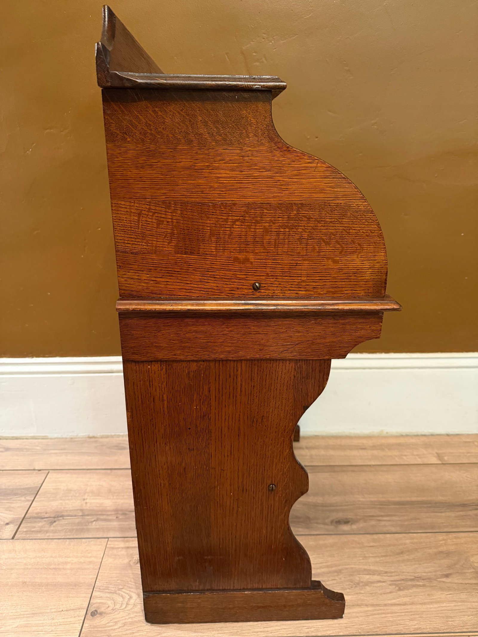 Antique Quarter Sawn Solid Oak Child's Roll Top Trestle Desk - Original Brass - 11
