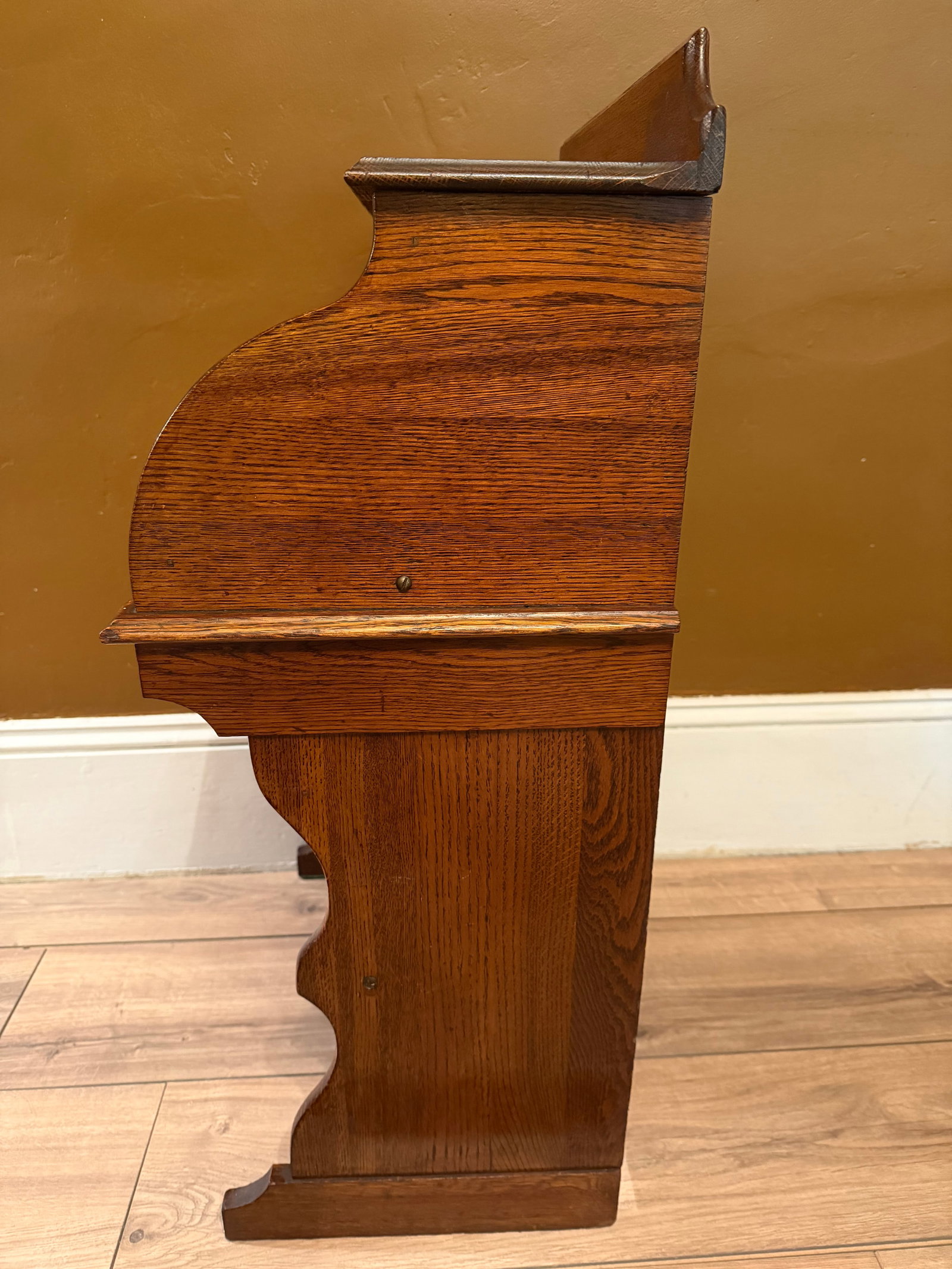Antique Quarter Sawn Solid Oak Child's Roll Top Trestle Desk - Original Brass - 12