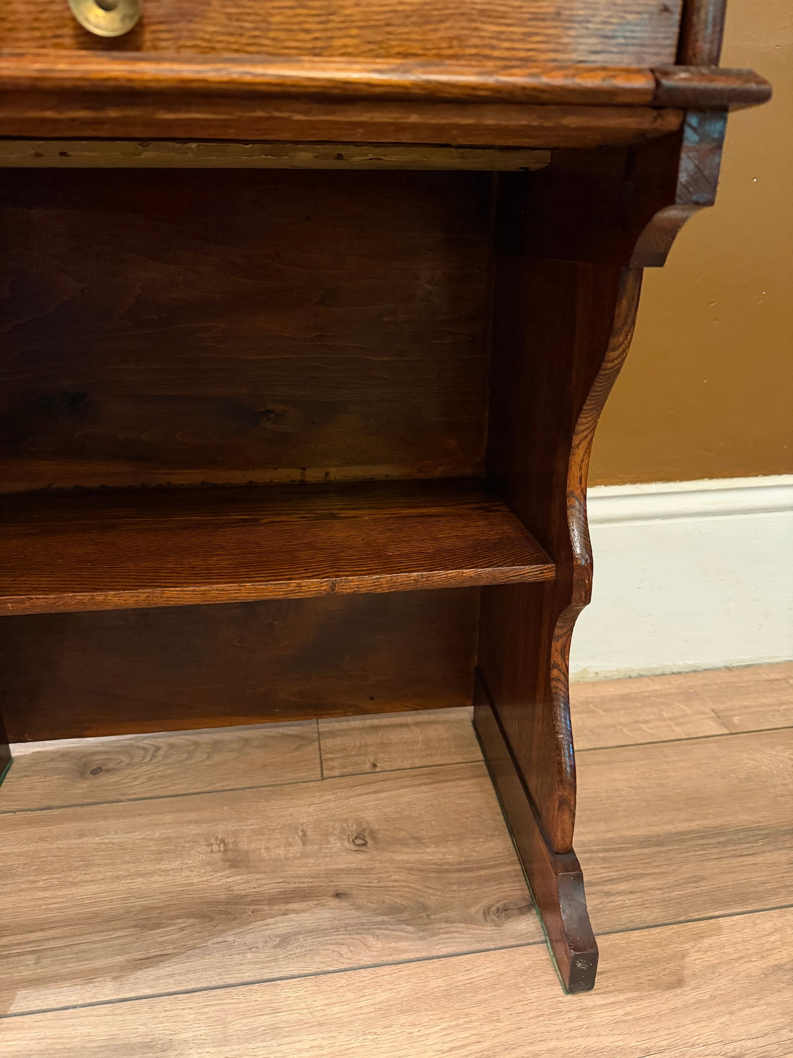 Antique Quarter Sawn Solid Oak Child's Roll Top Trestle Desk - Original Brass - 6