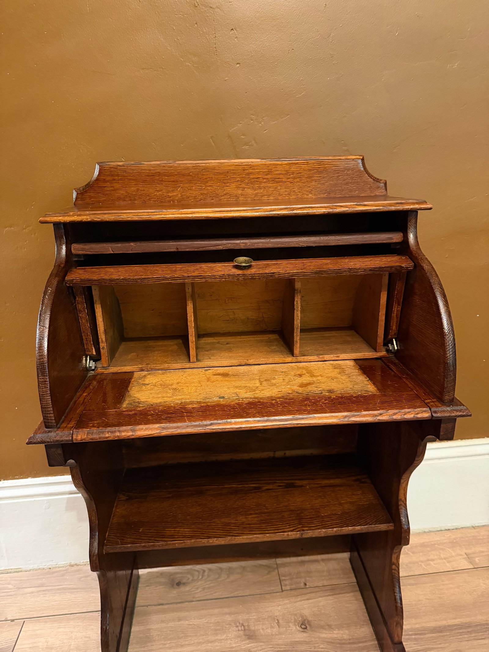Antique Quarter Sawn Solid Oak Child's Roll Top Trestle Desk - Original Brass - 7