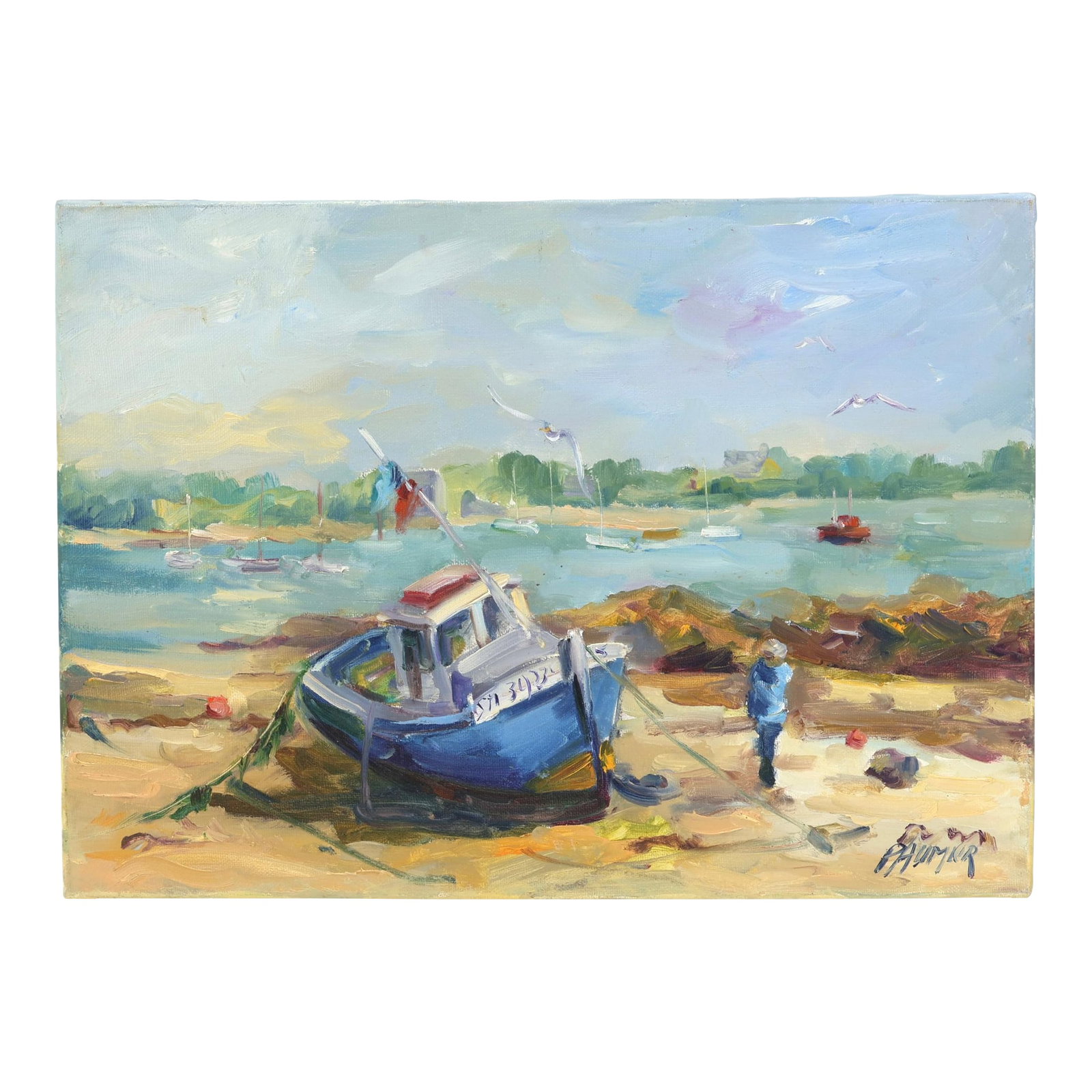 Liliane Paumier Low Tide at Riantec Harbor Oil Painting, St. Malo: Original work by French artist Liliane Paumier (born 1947), a recognized Normandy painter whose landscapes, coastal scenes, village views, and floral still lifes have been exhibited throughout