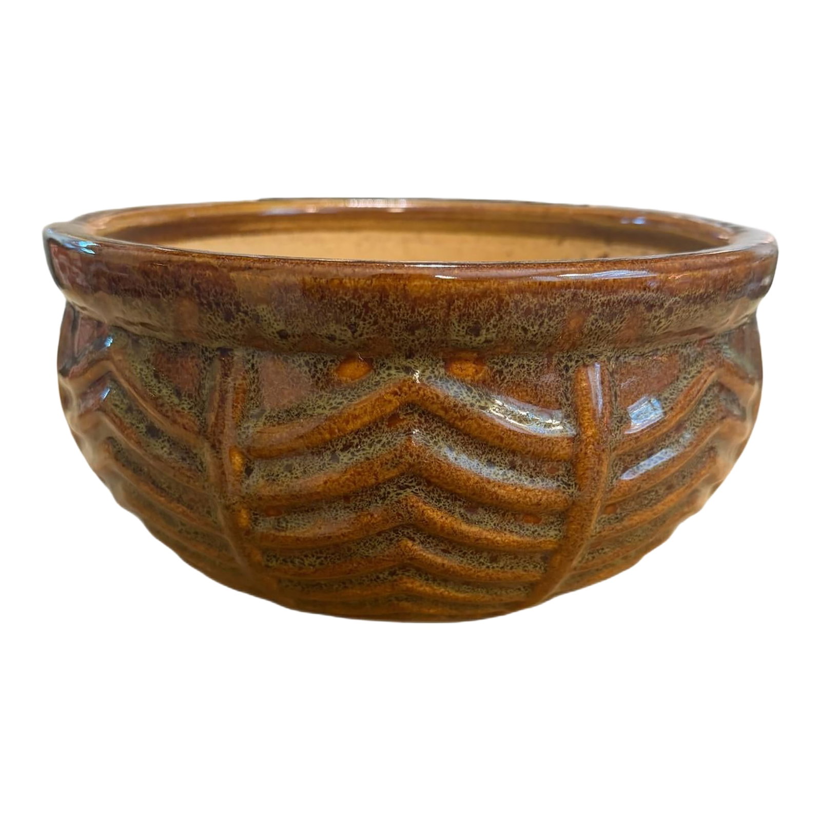 Antique Early 19th Century Nelson McCoy Chevron Leaf Art Pottery Jardiniere Planter: Vintage Early 19th Century Nelson McCoy Chevron Leaf Art Pottery Jardiniere Planter Add a touch of timeless organic modernism and vintage Americana to your home with this exceptional early 19th centur