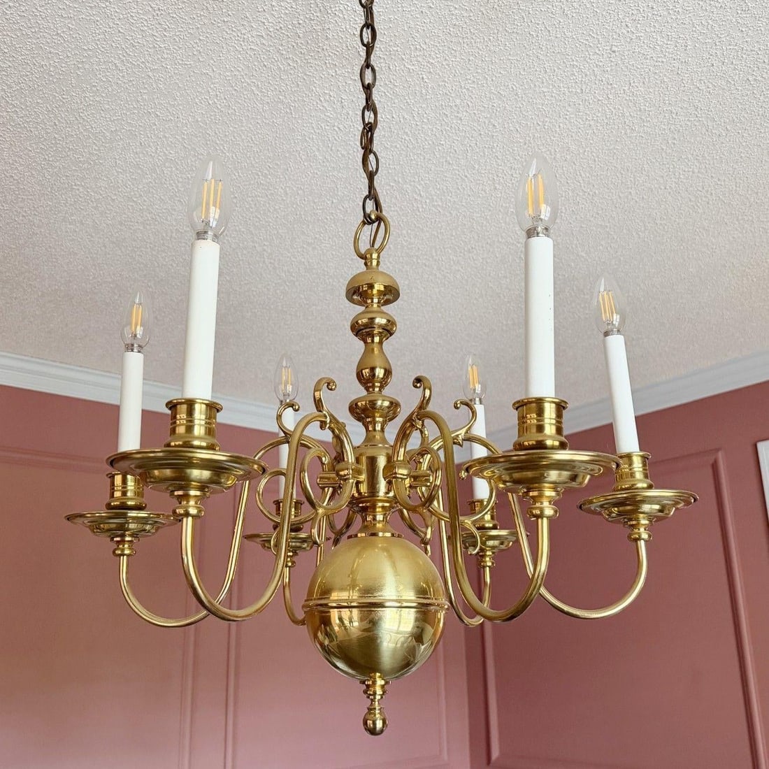 Vintage 6-Arm Dutch Queen Anne Style Brass Chandelier - 2