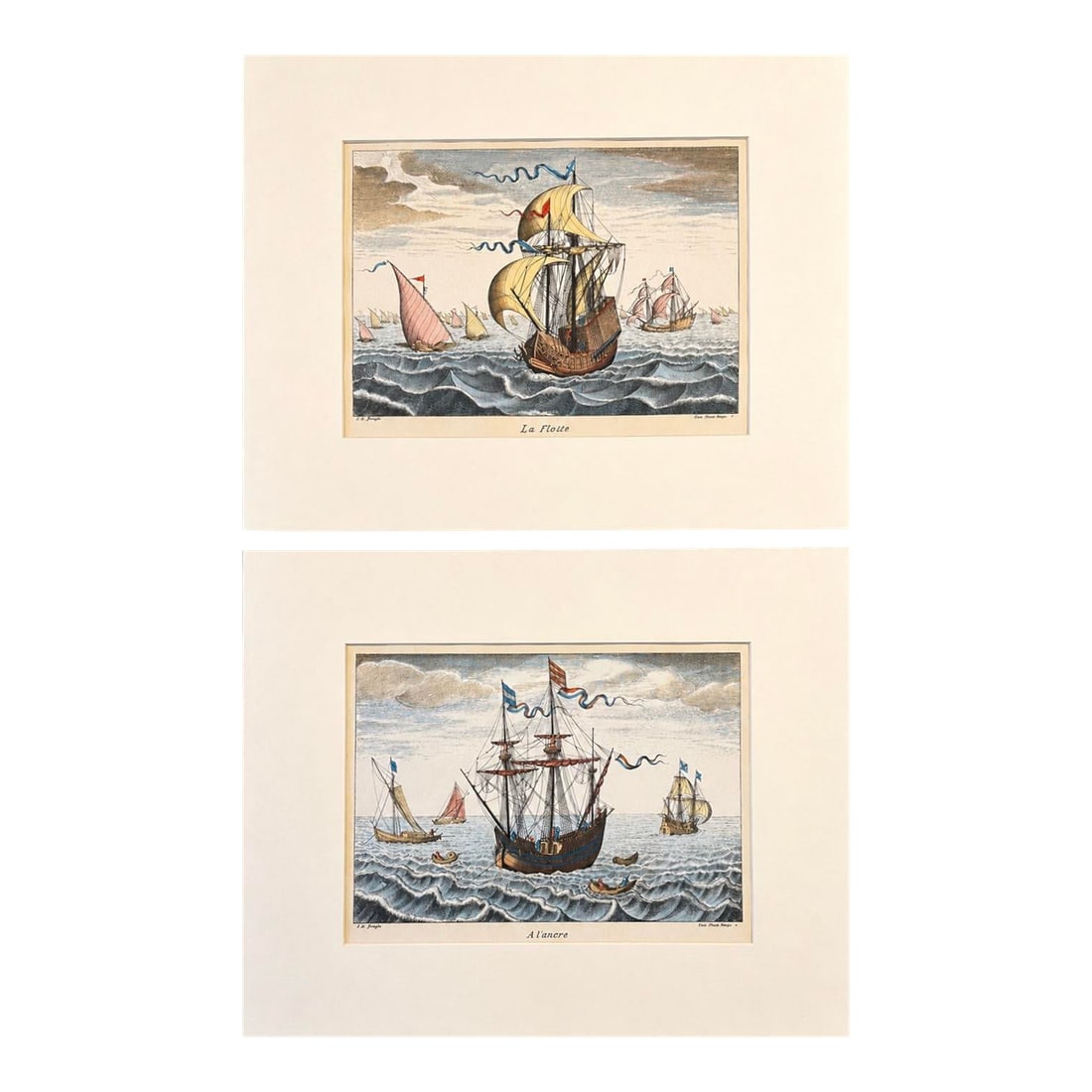 1970s Set of 2 Nautical Ship Engravings - La Flotte & a l'Ancre by f.h. Bruegel | Hand-Colored Marit: A beautiful decorative pair of hand-colored maritime engravings after the celebrated Flemish artist F.H. Bruegel, featuring the companion scenes La Flotte ("The Fleet") and A L'ancre ("At Anchor").