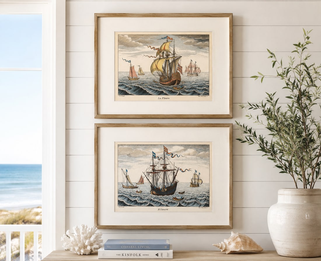 1970s Set of 2 Nautical Ship Engravings - La Flotte & a l'Ancre by f.h. Bruegel | Hand-Colored Marit - 2