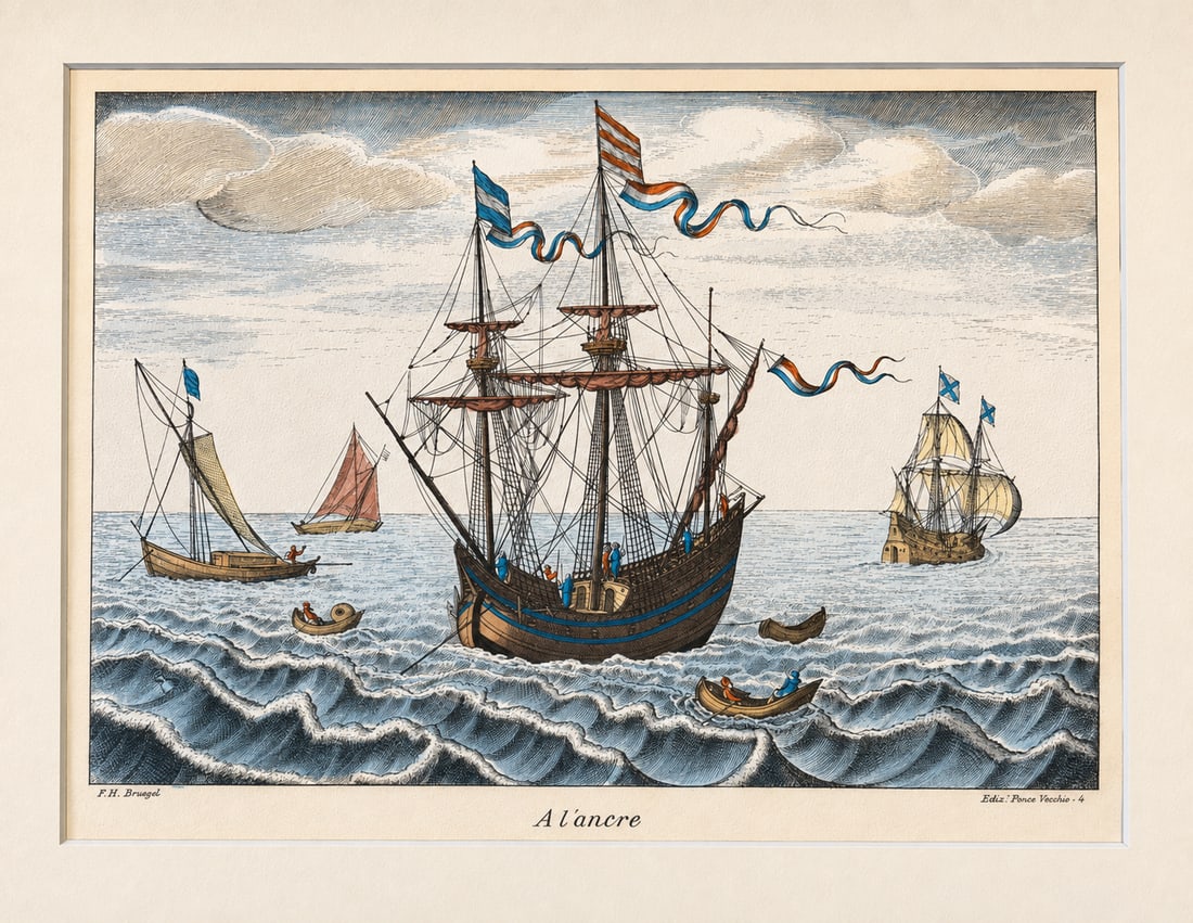 1970s Set of 2 Nautical Ship Engravings - La Flotte & a l'Ancre by f.h. Bruegel | Hand-Colored Marit - 3
