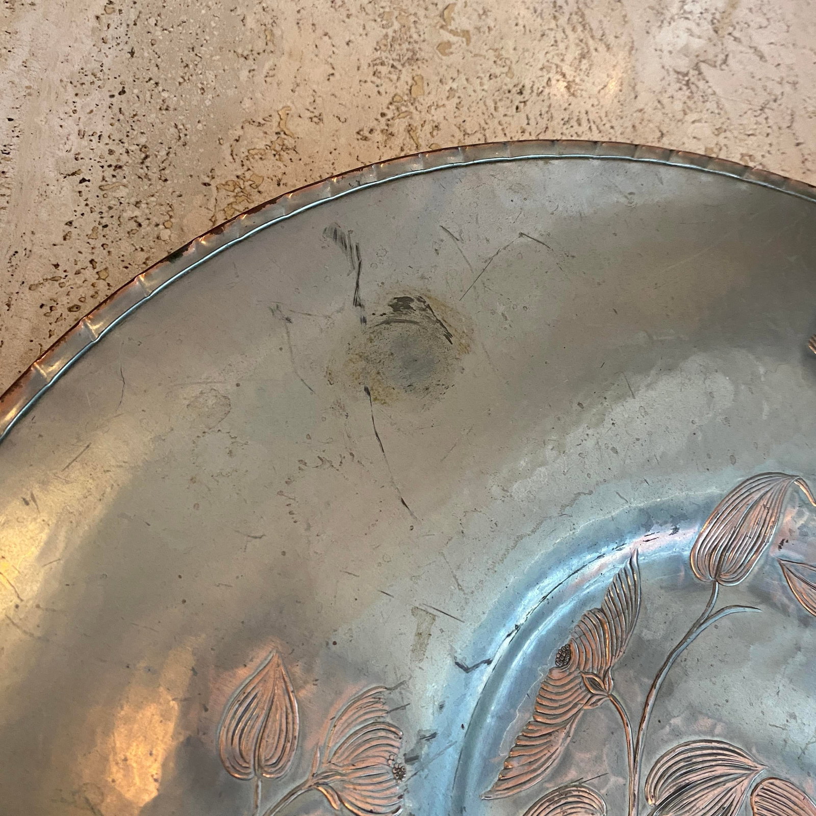 Mid 20th Century Large Aluminum and Rattan Decorative Floral Motif Serving Tray - 10