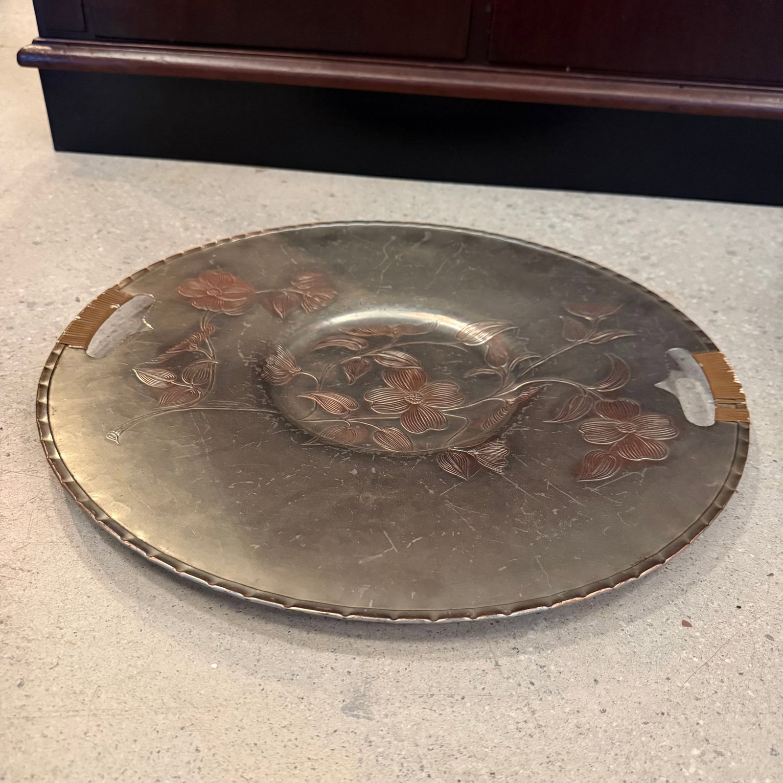 Mid 20th Century Large Aluminum and Rattan Decorative Floral Motif Serving Tray - 5